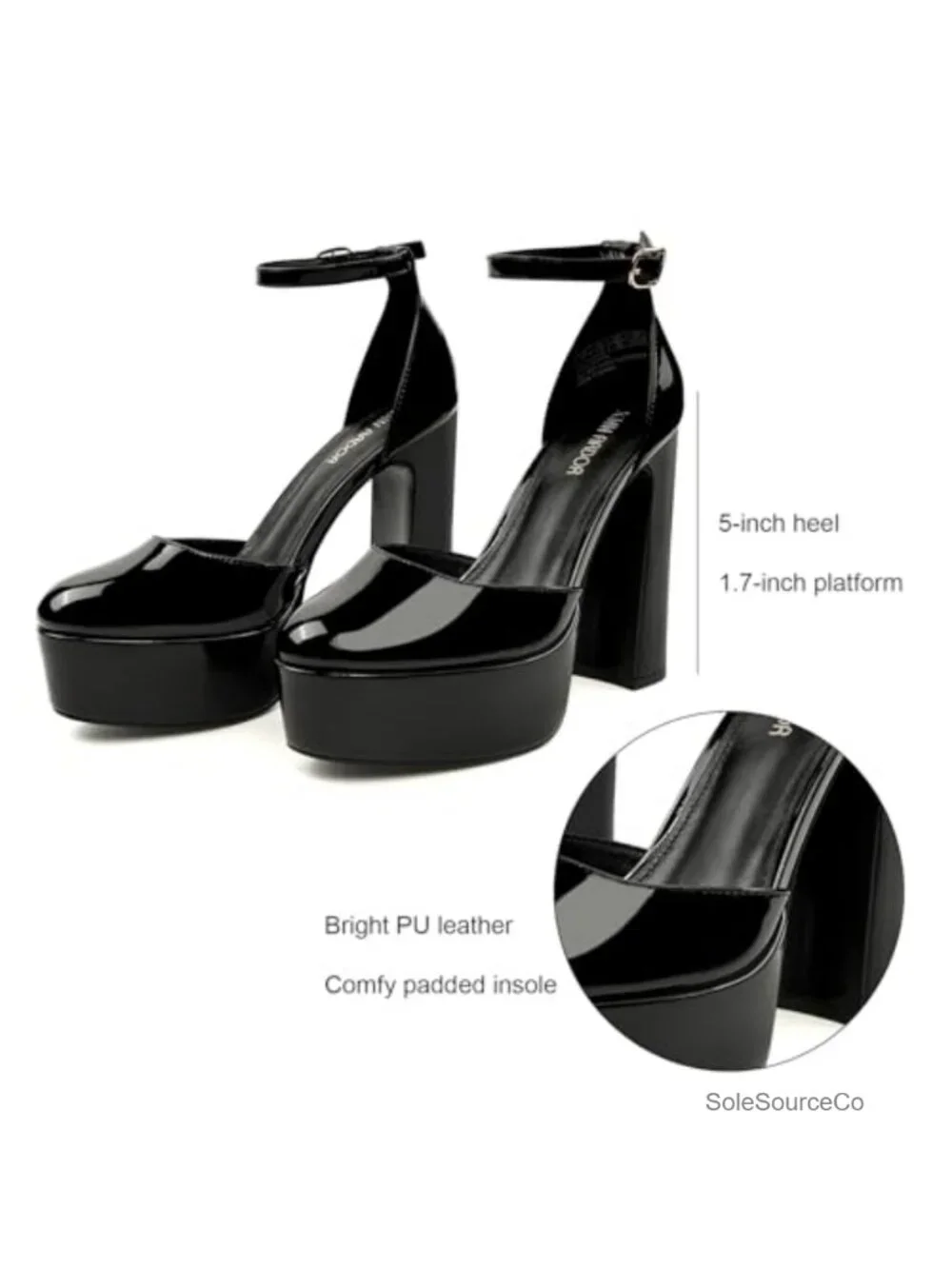 Chunky Platform Pumps 5 Inch Heels Ankle Strap Faux Leather Wedding Party Shoes
